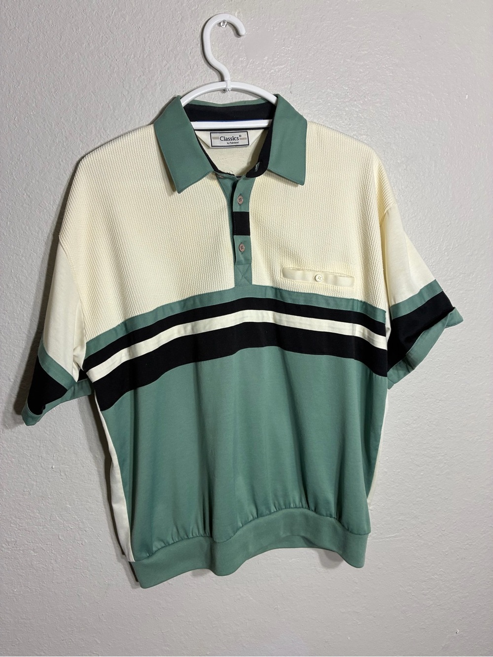 Vintage Green & Cream Striped Polo with Black Accents
